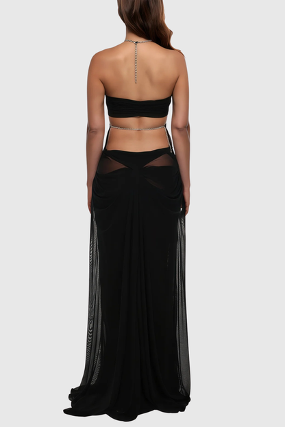 Delfina Semi-Sheer Mesh Maxi Dress - Black