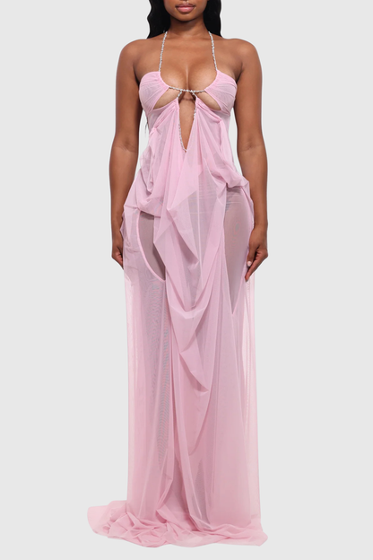Delfina Semi-Sheer Mesh Maxi Dress - Pink