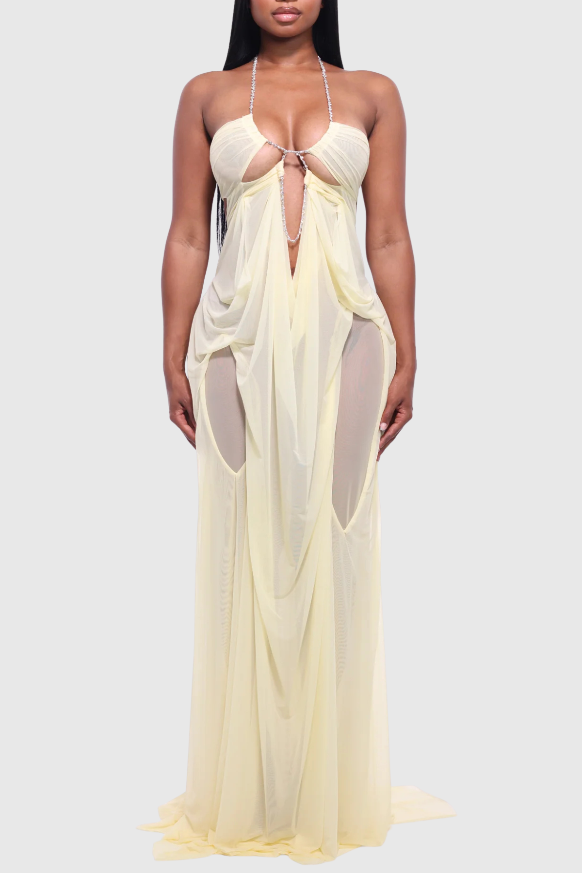 Delfina Semi-Sheer Mesh Maxi Dress - Yellow