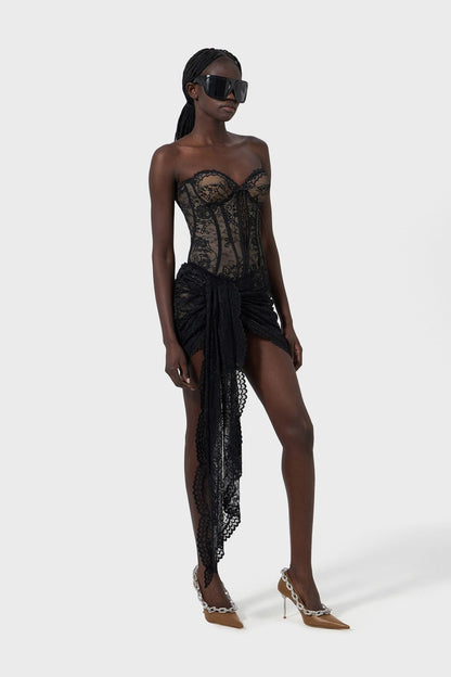 Delgado Lace Corset Strapless Mini Dress - Black