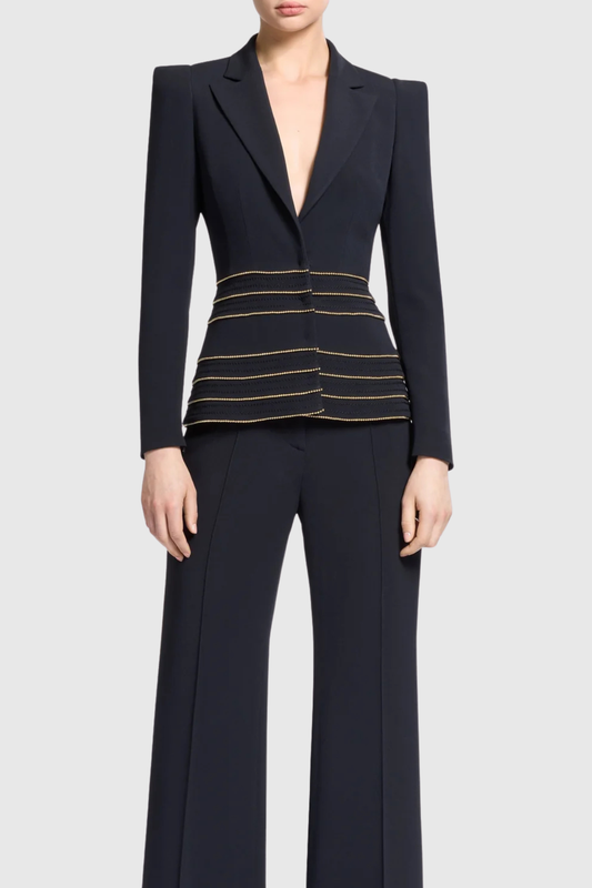 Delores Trim Embellished Blazer & Pants Set - Black