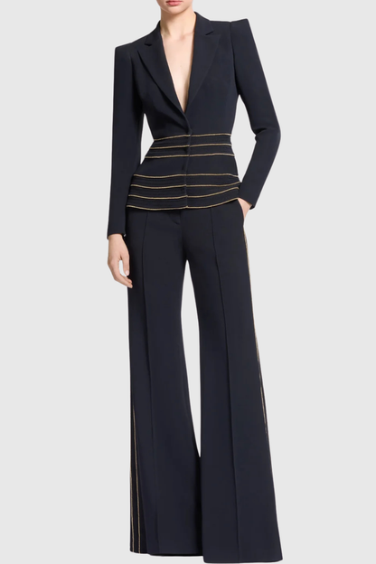 Delores Trim Embellished Blazer & Pants Set - Black
