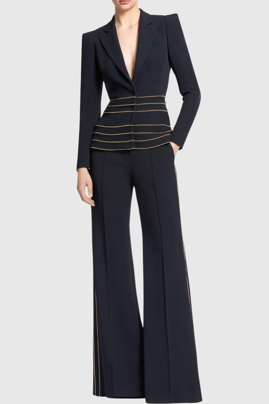 Delores Trim Embellished Blazer & Pants Set - Black