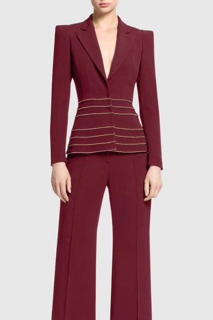 Delores Trim Embellished Blazer & Pants Set - Wine