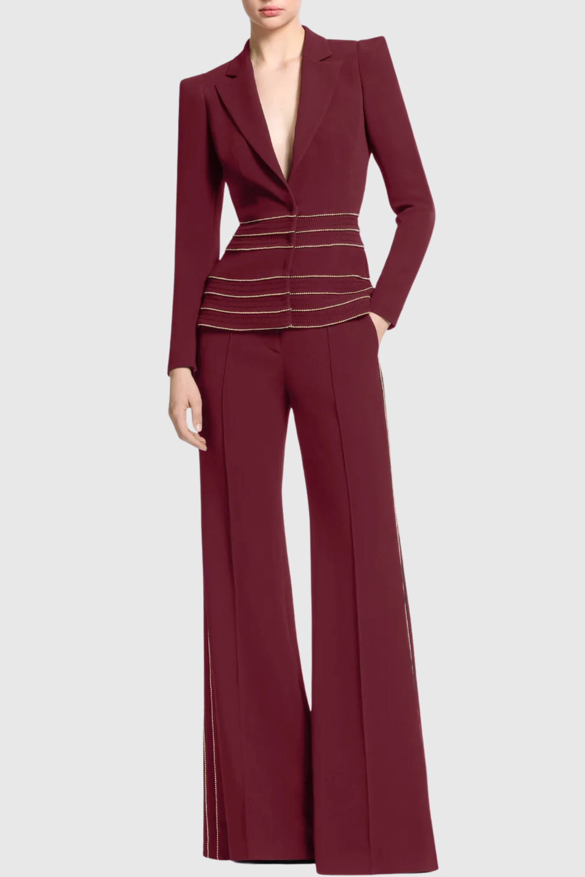 Delores Trim Embellished Blazer & Pants Set - Wine