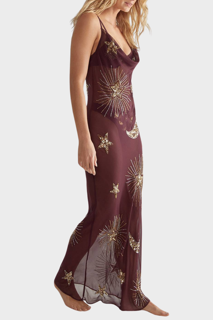 Delta Sequin Embellished Maxi Dress - Brown