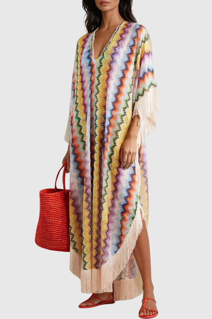 Deme Fringe Trim Stripe Maxi Dress