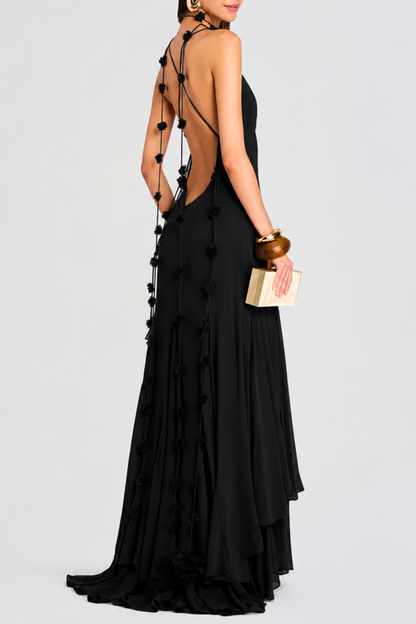 Demelza Floral Backless Maxi Dress - Black