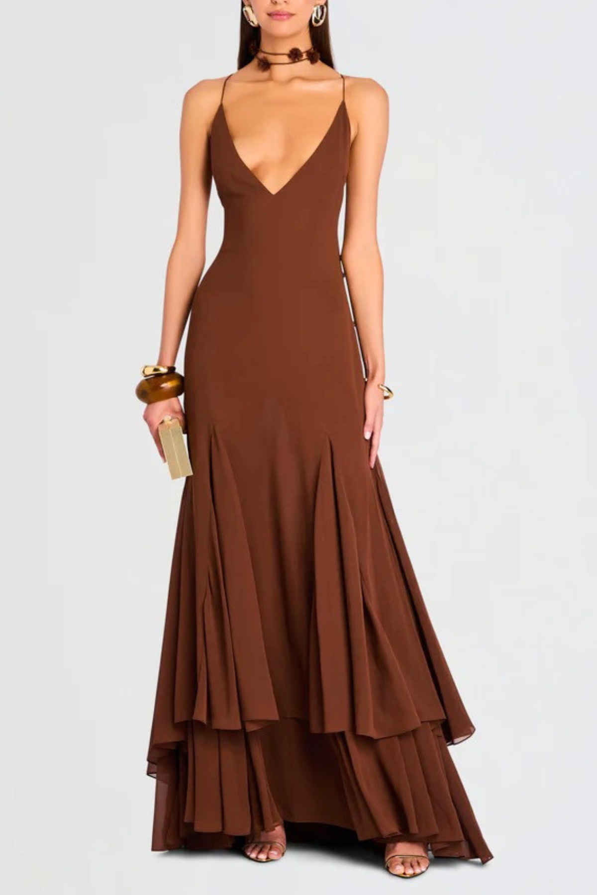 Demelza Floral Backless Maxi Dress - Brown