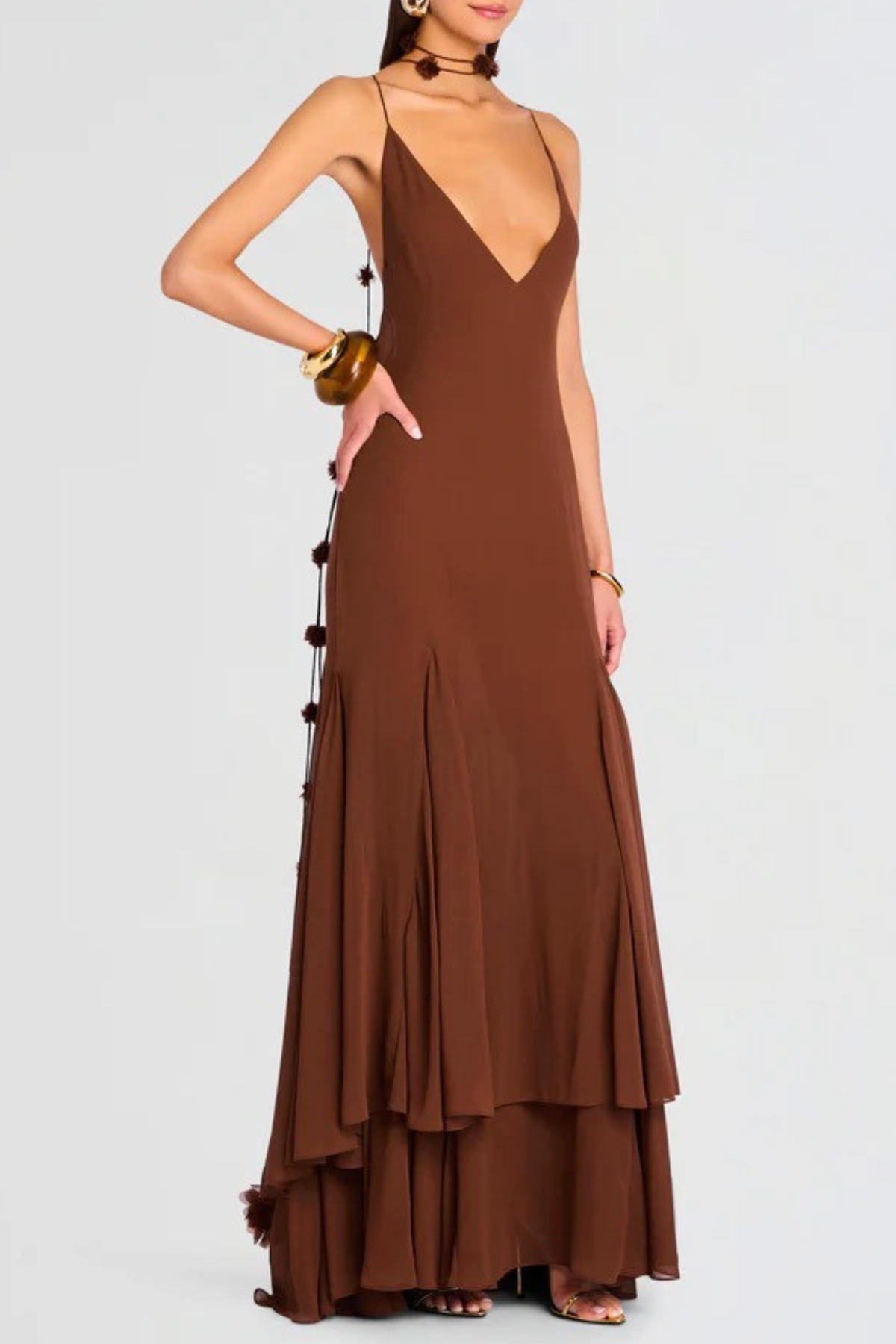 Demelza Floral Backless Maxi Dress - Brown