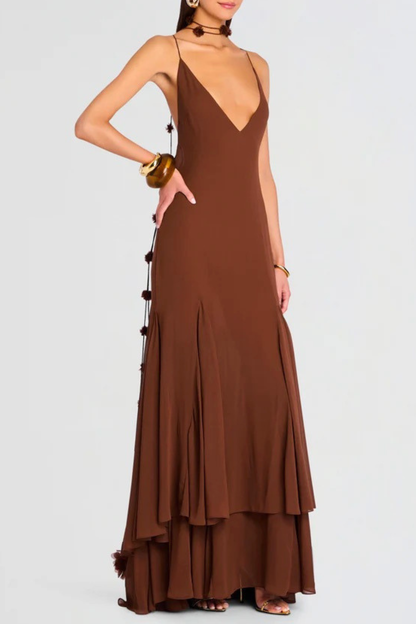 Demelza Floral Backless Maxi Dress - Brown