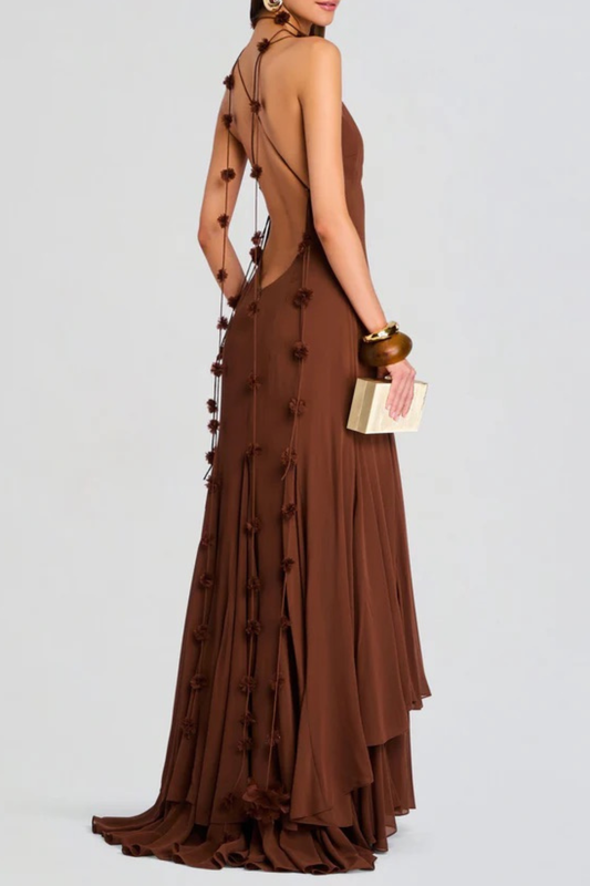 Demelza Floral Backless Maxi Dress - Brown