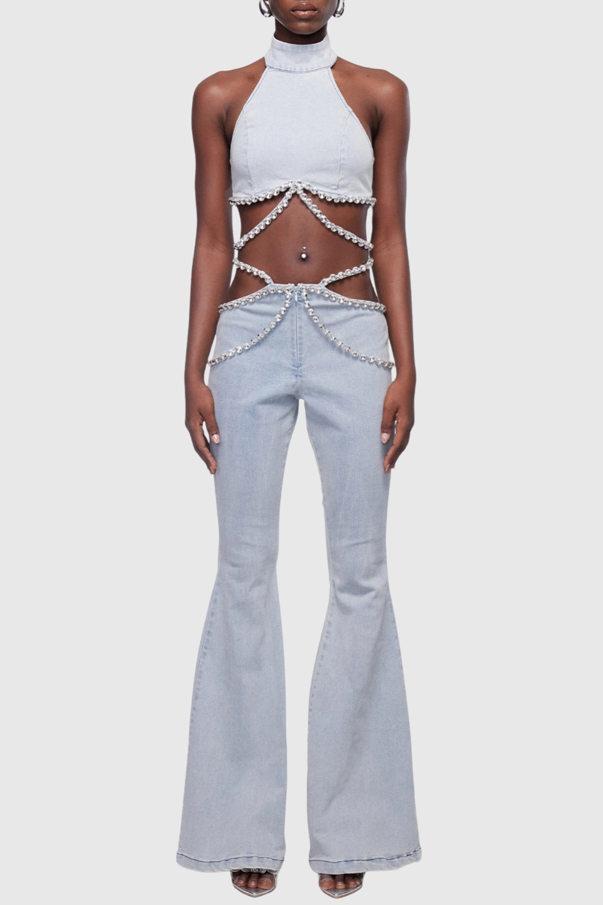 Demete Crystal Embellished Denim Top & Pants Set
