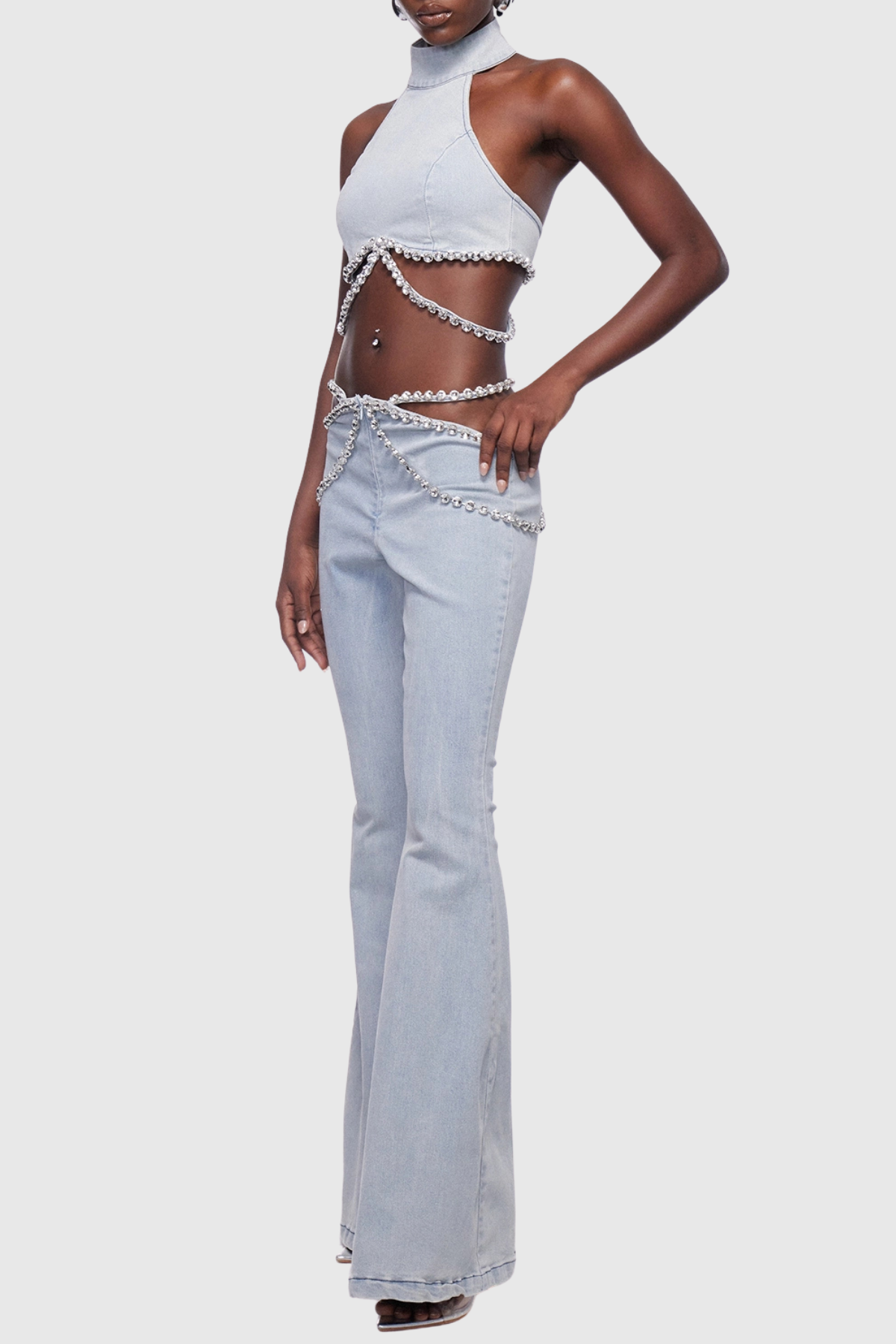 Demete Crystal Embellished Denim Top & Pants Set