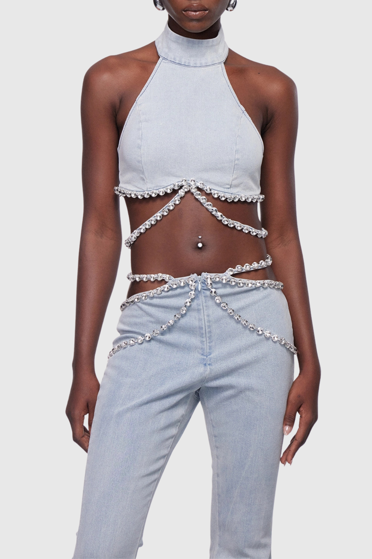 Demete Crystal Embellished Denim Top & Pants Set