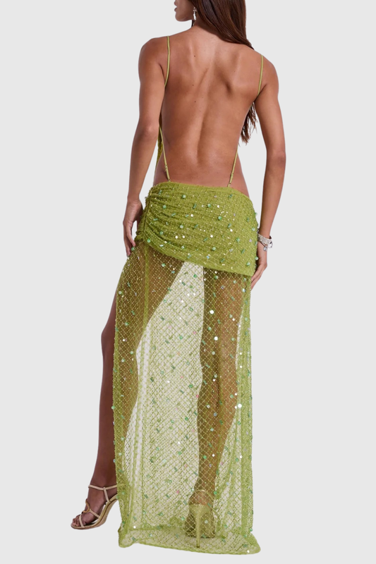 Desirea Asymmetric Sequin Cutout Maxi Dress - Green