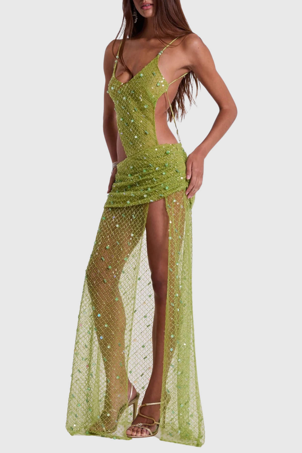 Desirea Asymmetric Sequin Cutout Maxi Dress - Green