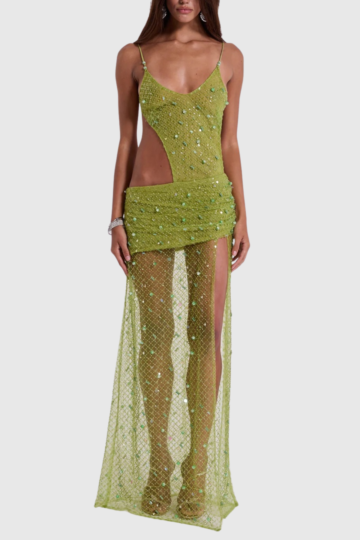 Desirea Asymmetric Sequin Cutout Maxi Dress - Green
