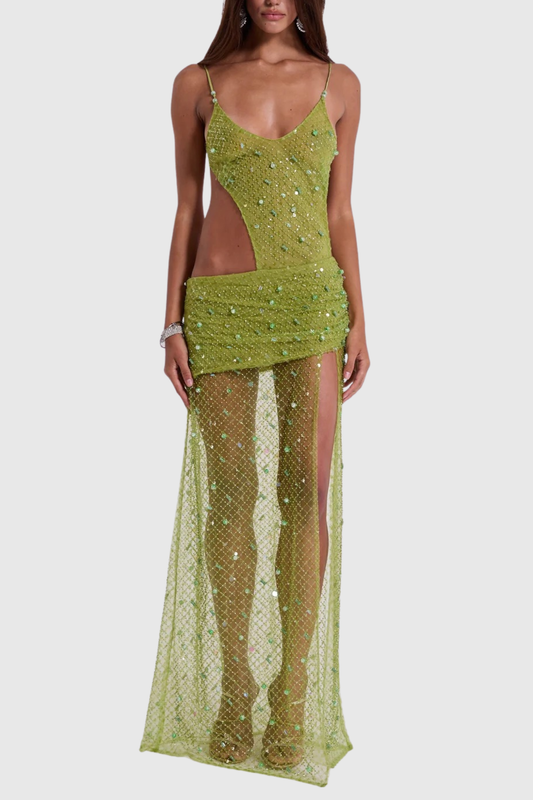 Desirea Asymmetric Sequin Cutout Maxi Dress - Green