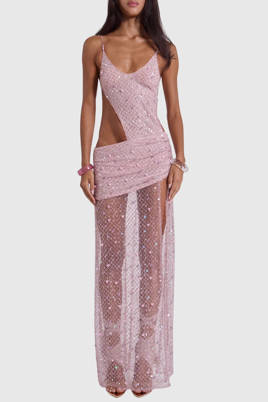 Desirea Asymmetric Sequin Cutout Maxi Dress - Pink