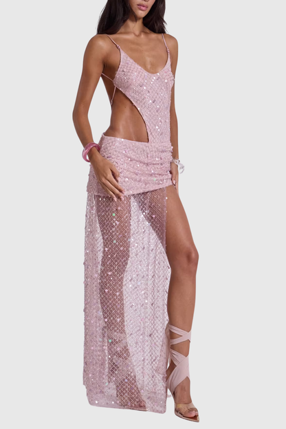 Desirea Asymmetric Sequin Cutout Maxi Dress - Pink