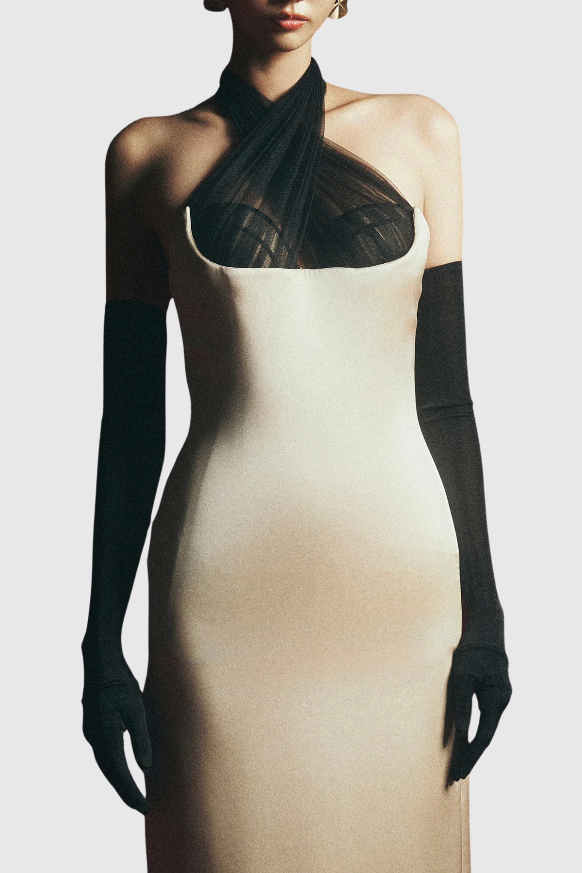 Despina Halter Satin Maxi Dress with Tulle Panels
