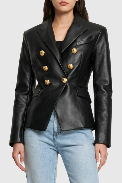 Dhana Leather Buttoned Blazer - Black