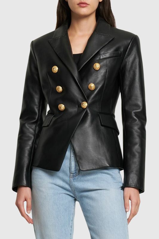 Dhana Leather Buttoned Blazer - Black