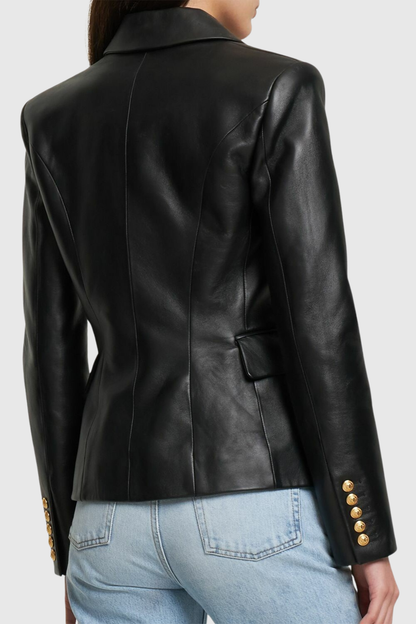 Dhana Leather Buttoned Blazer - Black