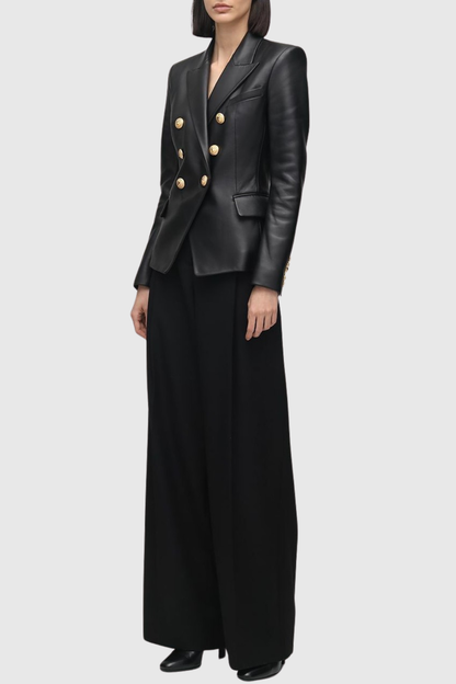 Dhana Leather Buttoned Blazer - Black