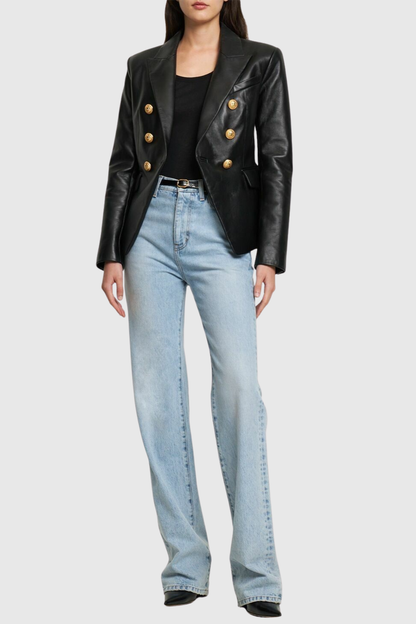 Dhana Leather Buttoned Blazer - Black