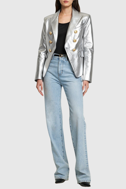 Dhana Leather Buttoned Blazer - Silver