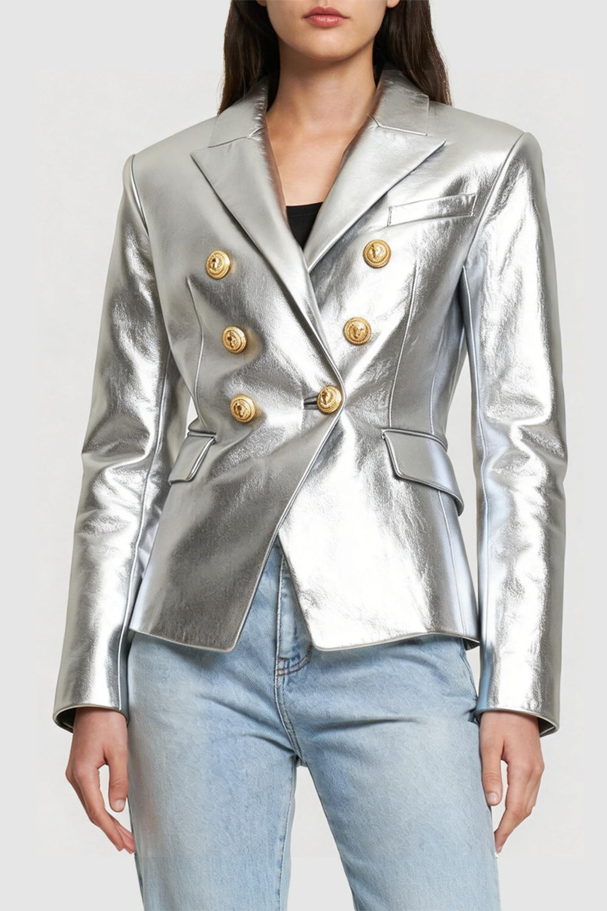 Dhana Leather Buttoned Blazer - Silver