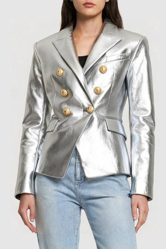 Dhana Leather Buttoned Blazer - Silver