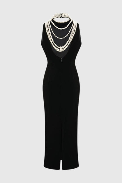 Diayra Pearl Embellished Backless Velvet Midi Dress