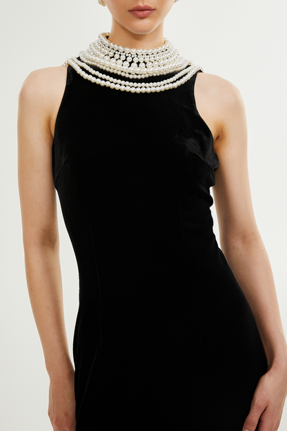 Diayra Pearl Embellished Backless Velvet Midi Dress