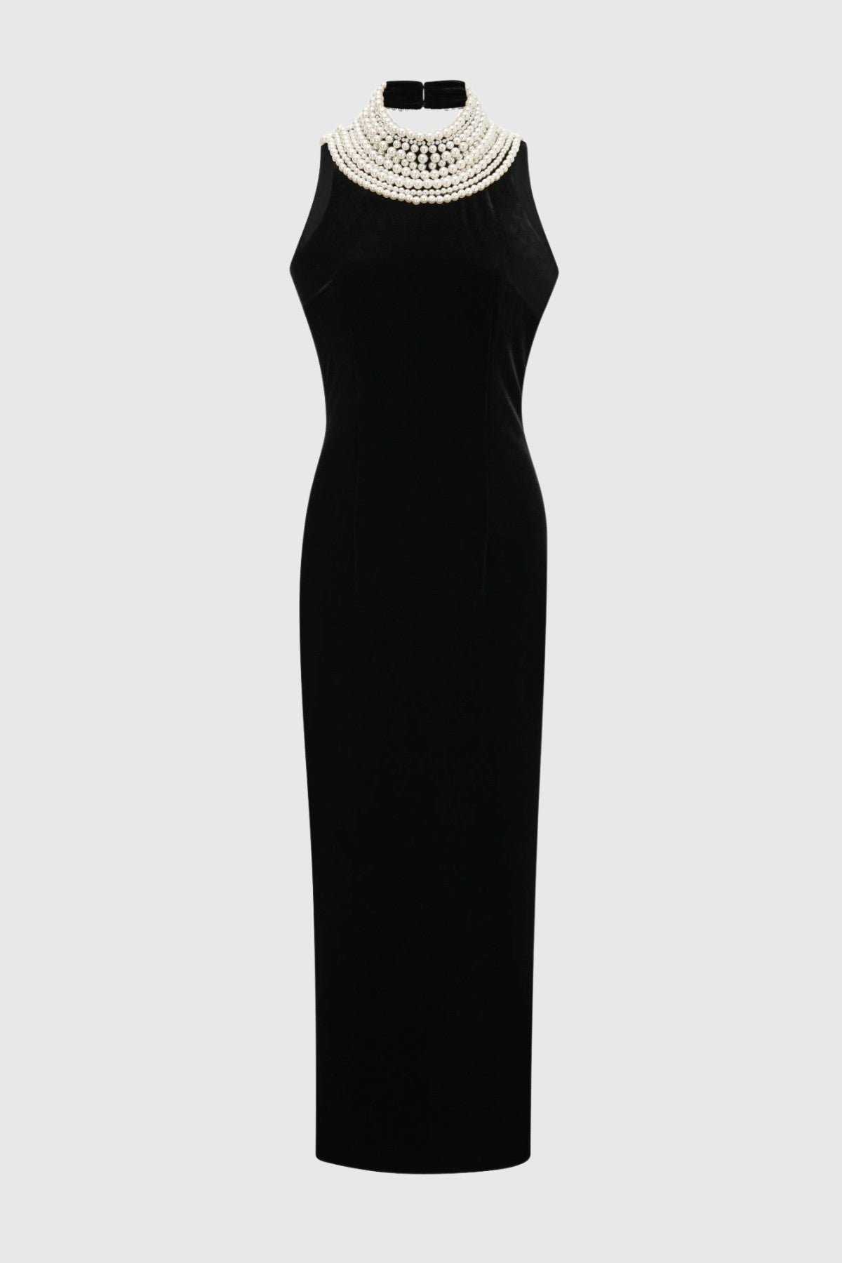Diayra Pearl Embellished Backless Velvet Midi Dress