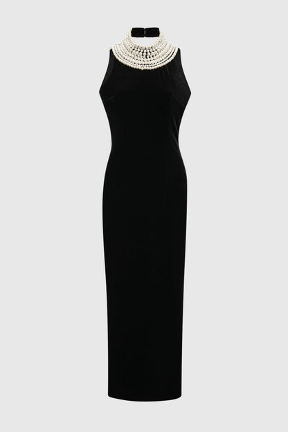 Diayra Pearl Embellished Backless Velvet Midi Dress