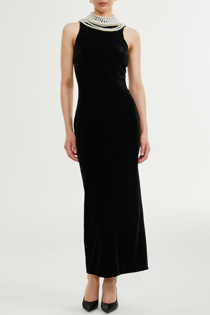Diayra Pearl Embellished Backless Velvet Midi Dress