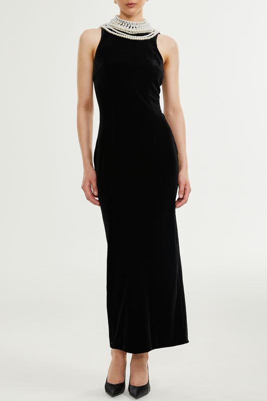 Diayra Pearl Embellished Backless Velvet Midi Dress