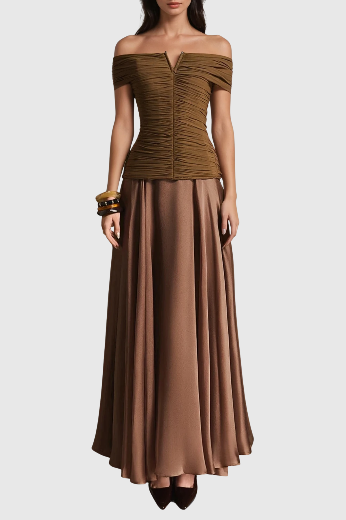 Dimitra Off Shoulder Ruched Maxi Dress