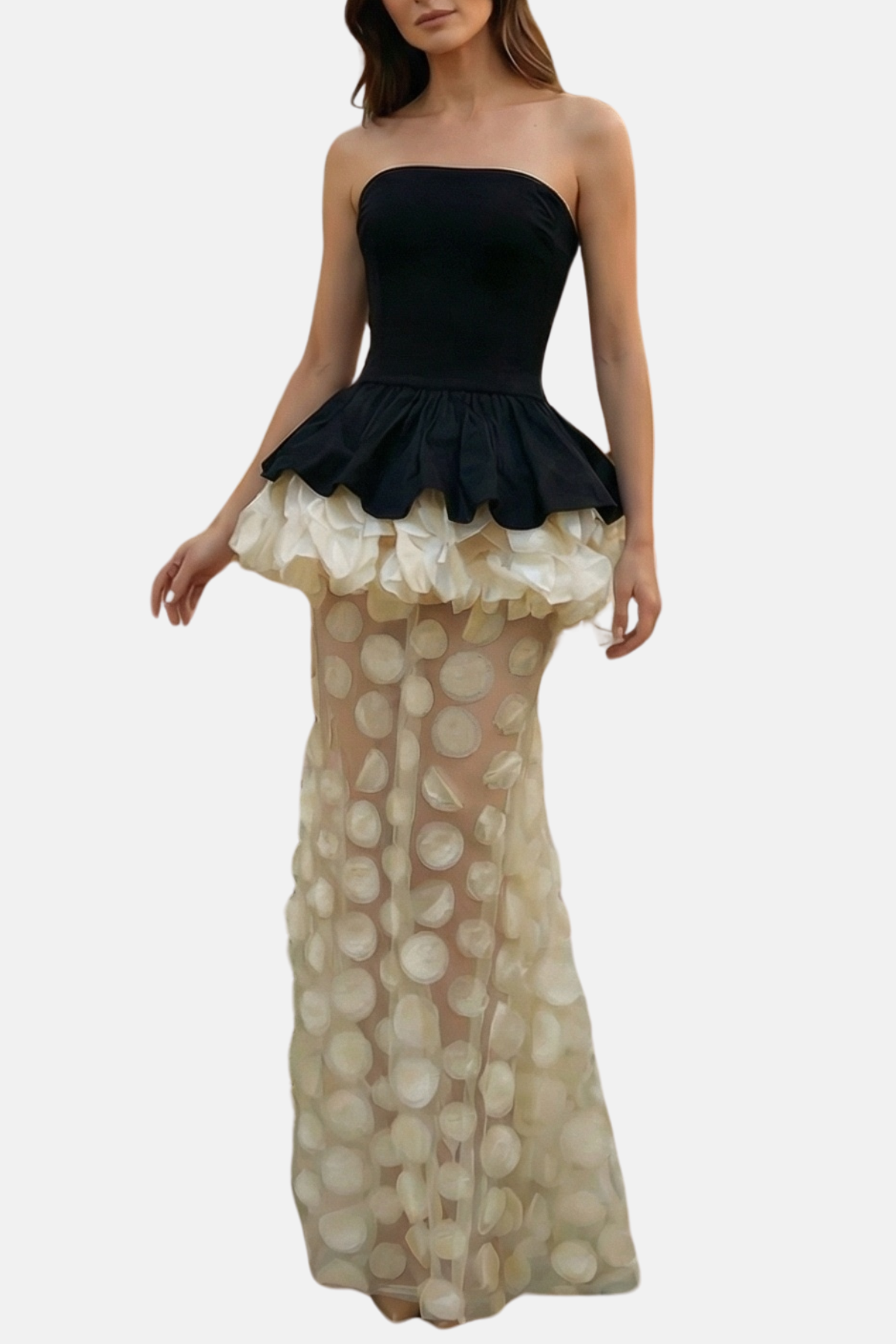 Diono Strapless Dot Mesh Maxi Dress