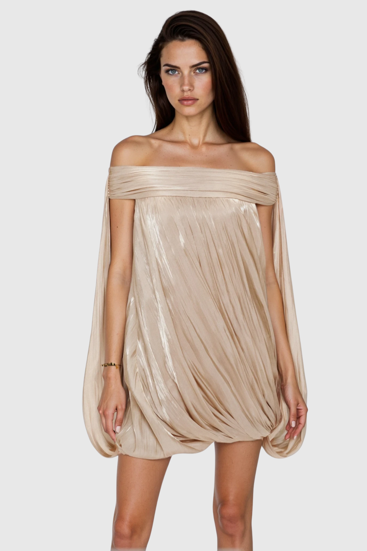 Dionte Off Shoulder Ruched Mini Dress - Beige