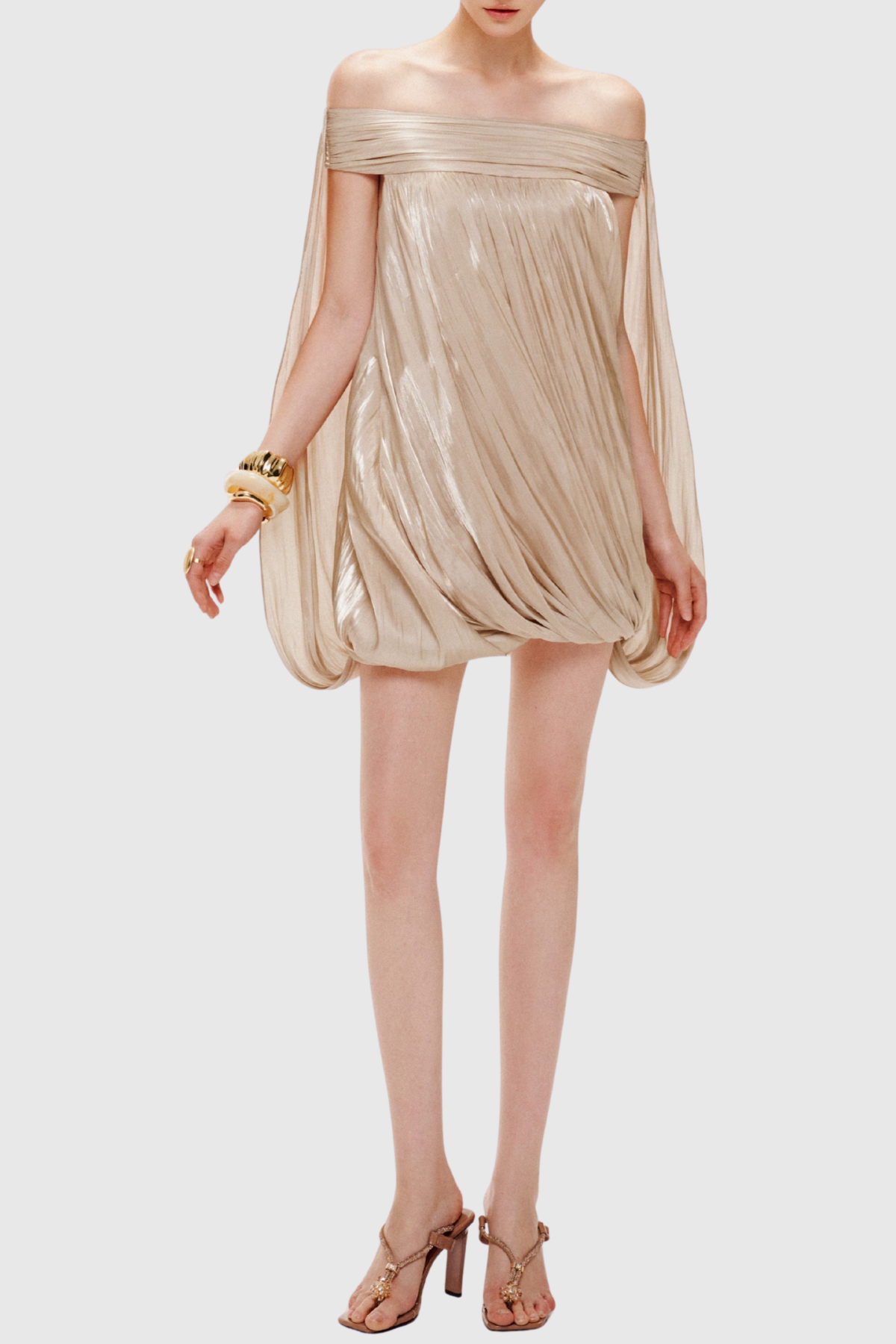 Dionte Off Shoulder Ruched Mini Dress - Beige