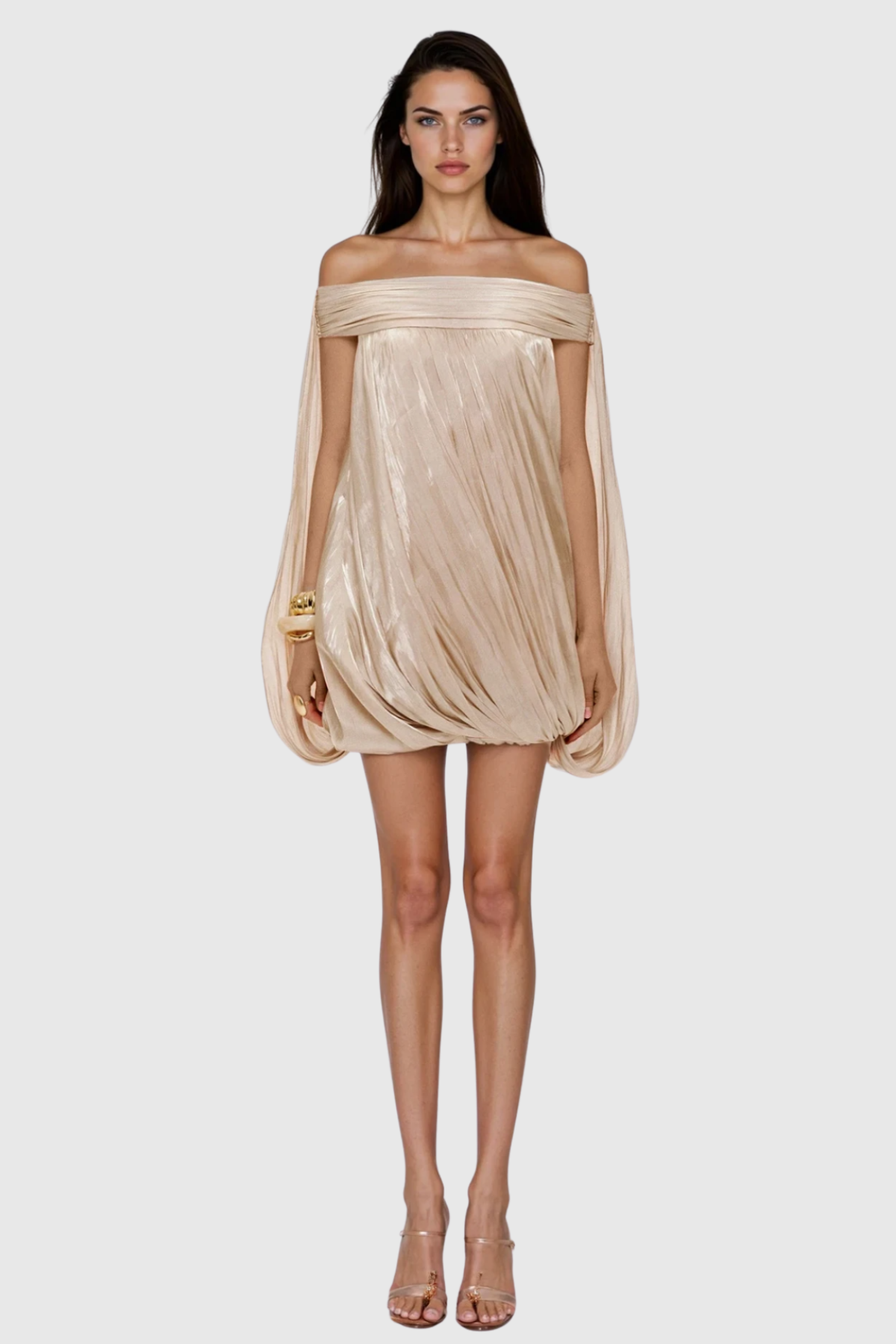 Dionte Off Shoulder Ruched Mini Dress - Beige