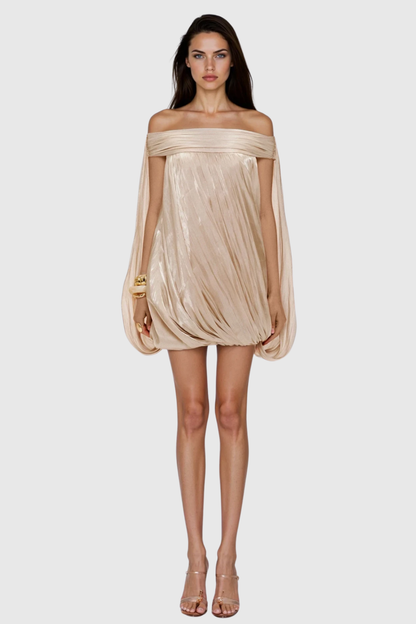 Dionte Off Shoulder Ruched Mini Dress - Beige