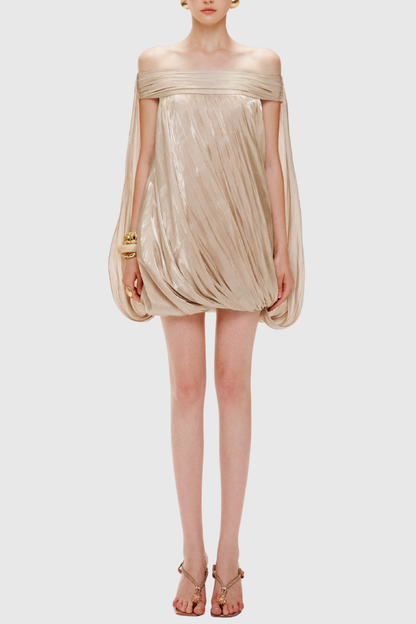 Dionte Off Shoulder Ruched Mini Dress - Beige