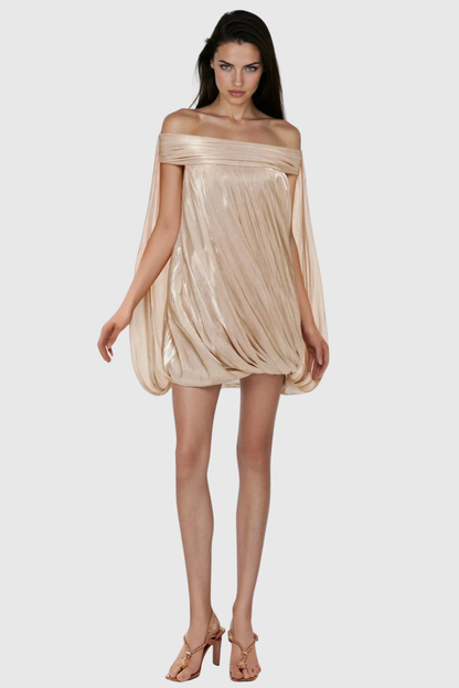 Dionte Off Shoulder Ruched Mini Dress - Beige
