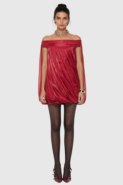 Dionte Off Shoulder Ruched Mini Dress - Red
