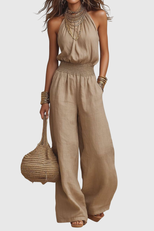 Dollyia Halter Ruched Jumpsuit - Beige